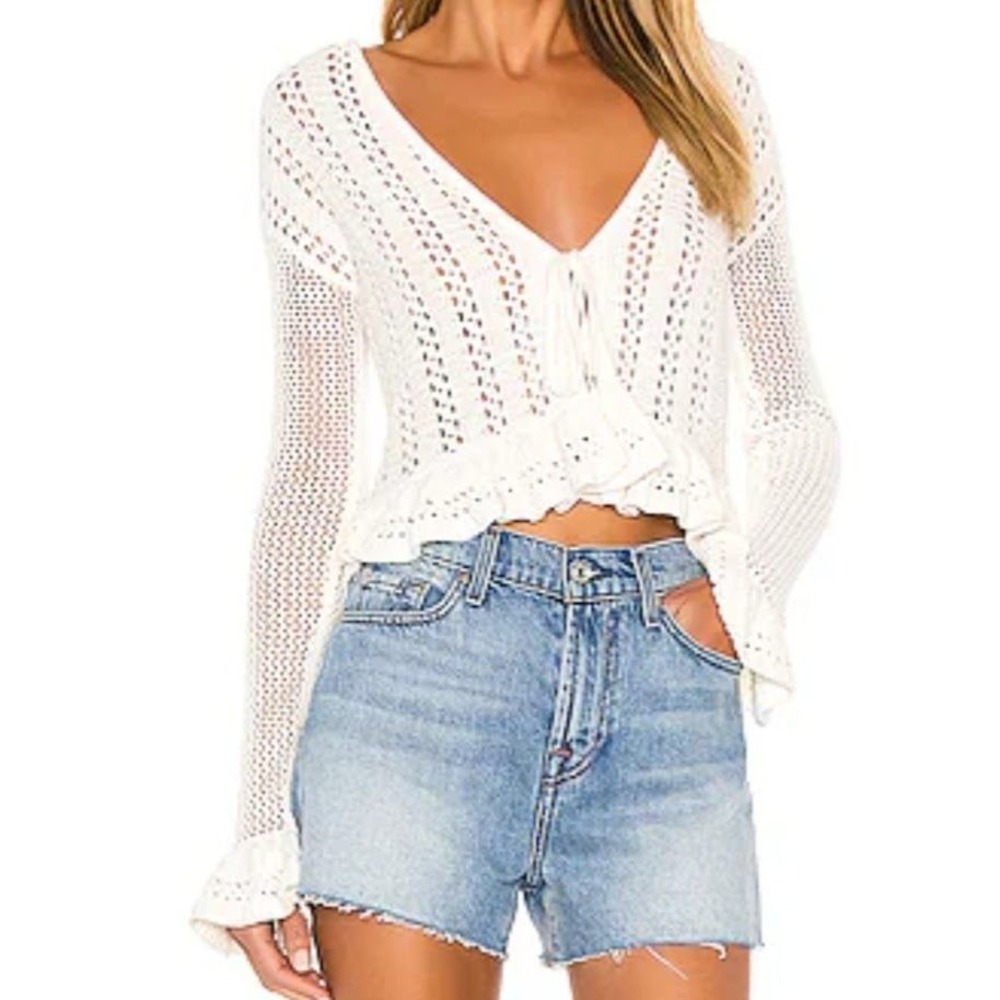 Tularosa Women's M Ohana Crochet‎ Cardigan Ivory Pointelle Ruffle Tie Front NEW